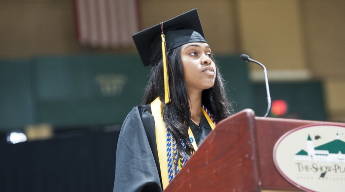 A senior giving speech in a graduation ceremony