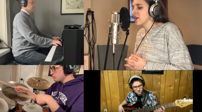 Students singing in separate home studios over Zoom