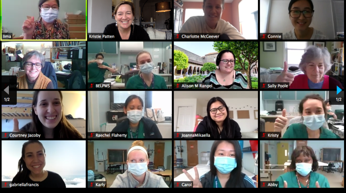 A screenshot of a Zoom meeting with NYU OT and Bellevue's OTS -- some are wearing medical masks.
