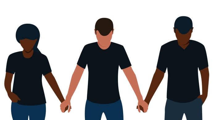Illustration of Black men and women holding hands in solidarity with heads bowed