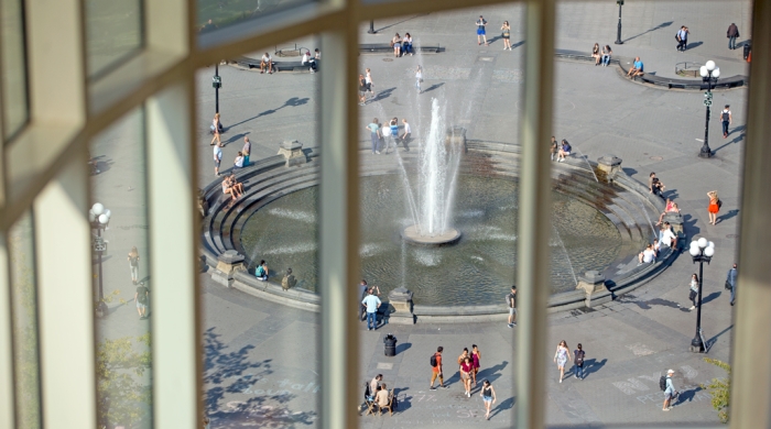 Washington Square fountain viewed from a window on an upper floor of Kimmel Center
