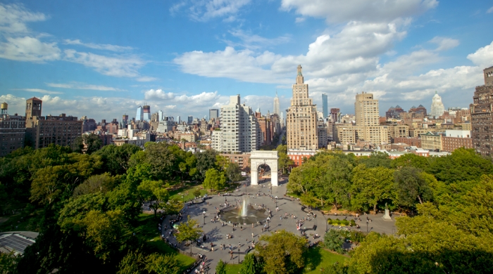 A aerial view of Washington Square park looking north