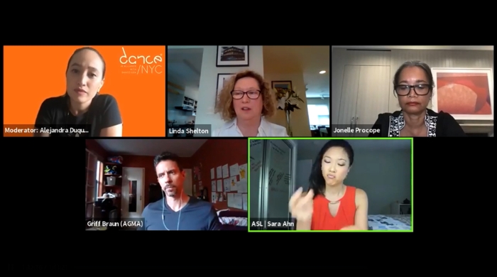 Screenshot of a streamed Zoom panel discussion on the future of dance and performing arts presentation in the metropolitan area.