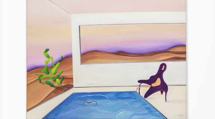 Painting of pool and desert in a room. 