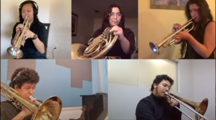 Screenshot of a student Brass Quintet performing remotely
