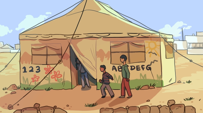 An illustration of a tent with numbers and letters on it which represents a refugee school house.