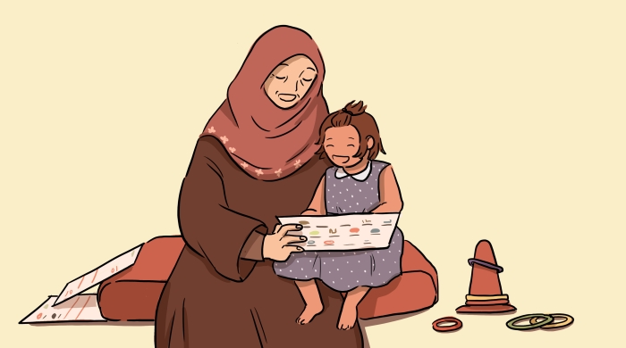 mother reads book to a child.