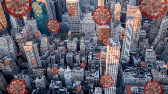 Image of buildings with Coronavirus illustrations