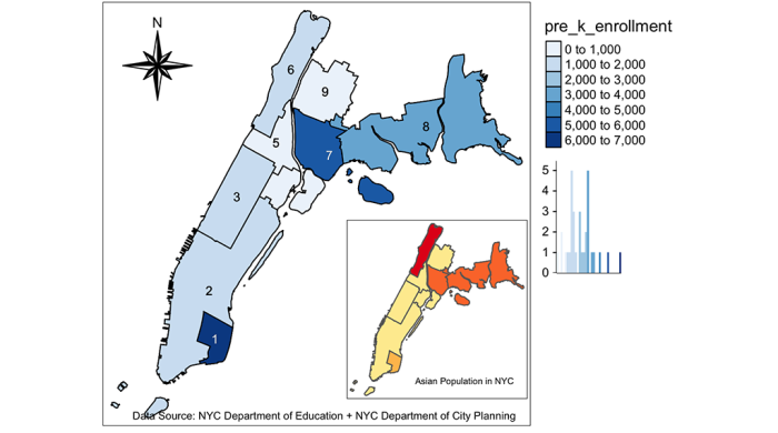 Map of Manhattan showing increase in Pre-k enrollment in Asian population in NYC from 2018 to 2019