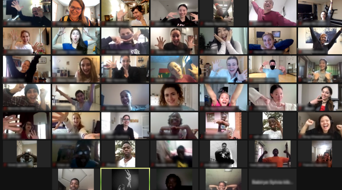 A screenshot of a Zoom class session with Professor Damast, her students, and the Kaleidoscope Dance Company from Uganda.