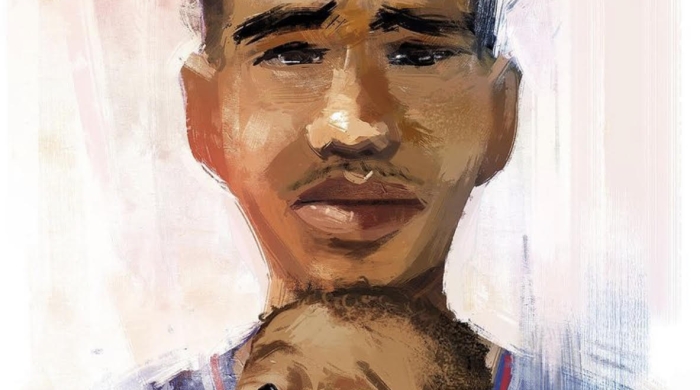 A painting of Daunte Wright and his young son