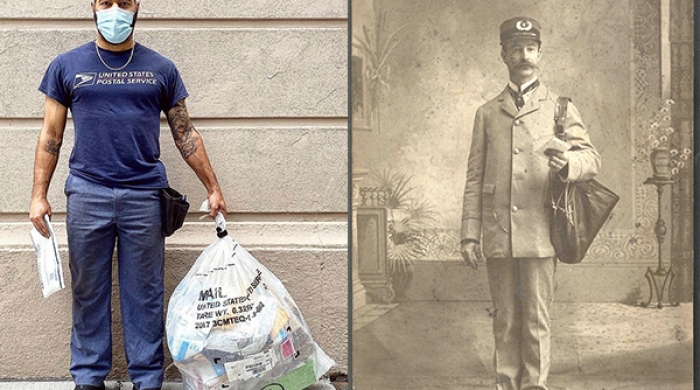 Postal worker today and vintage photo of postal worker.