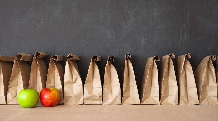 Photo of 12 brown paper lunch bags lined up in front of a blackboard, there are two apples in front of the paper bags