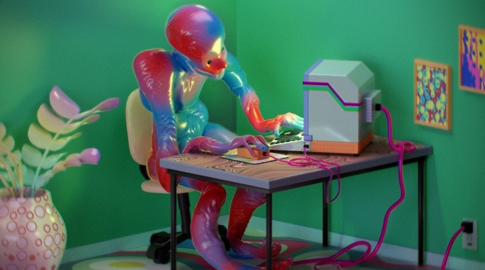 illustration of man slouched at computer desk 