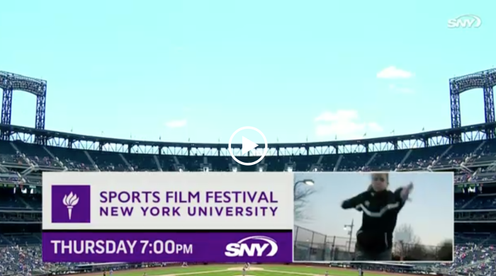 "Sports Film Festival NYU" logo, SNY logo, Thursday 7pm and a blurry photo of a female athlete superimposed on a photo of CitiField  