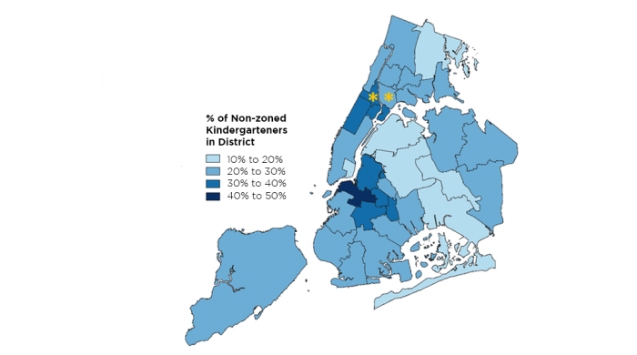 Map of NYC showing that non-zoned public schools are more popular than charter schools. 