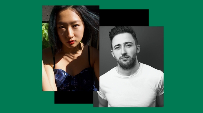 green rectangle with photos of a woman and a man 