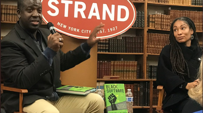 picture of Charlton McIlwain discussing his book, Black Software at the Strand Bookstore
