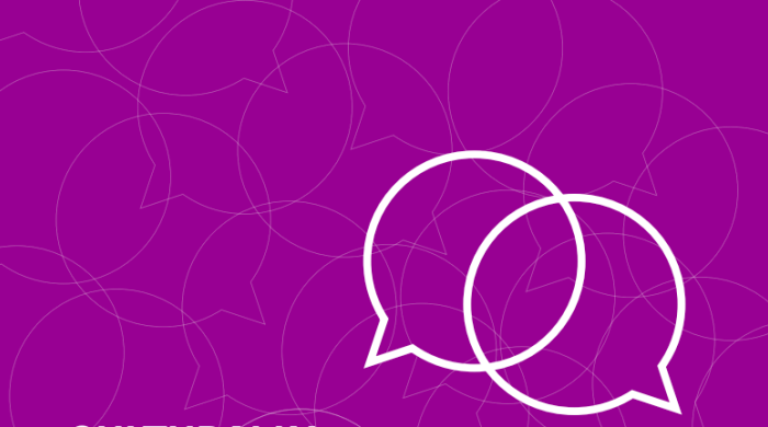 Two overlapping white speech bubbles on a purple background
