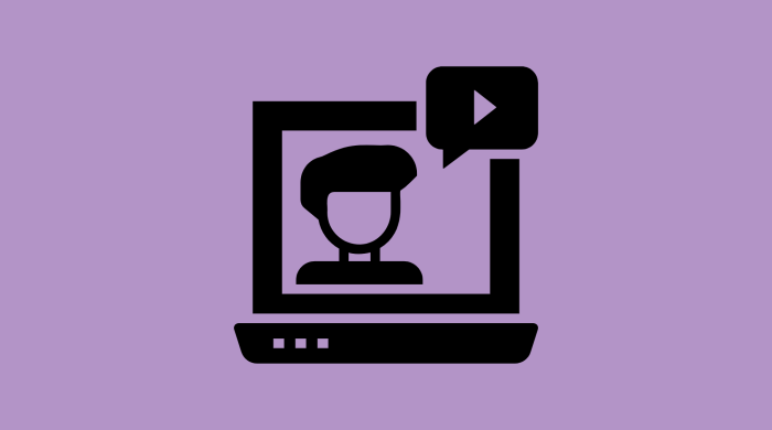An illustration of a laptop with a person's face on it against a light purple background. There is a speech bubble coming from the face with a "play" symbol inside.