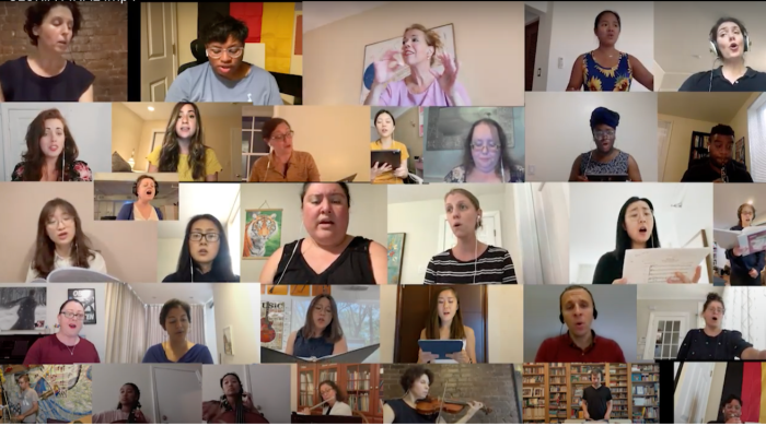 Zoom screenshot of the Kodály Summer Institute 2021 Chorus performing a choral work