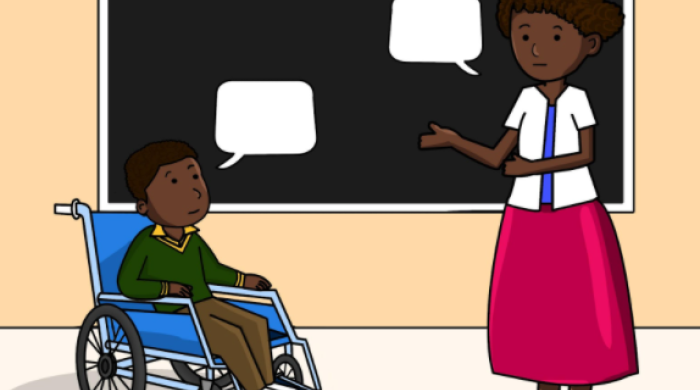 An illustration of a teacher speaking to a student in a wheelchair. They both are in front of a chalk board and have speech bubbles next to them. There is no text in the speech bubbles.