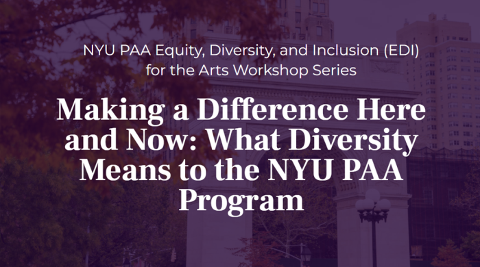 PAA EDI for the Arts Workshop Slide Cover with the workshop title, which reads “Making a Difference Here and Now: What Diversity Means to the NYU PAA Program”