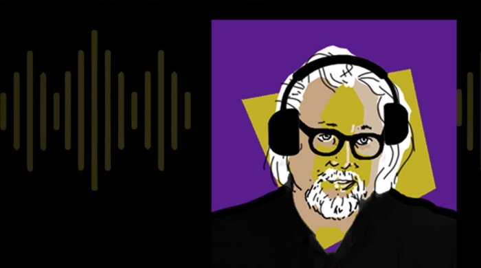 illustration of David Schroeder wearing headphones next to a sound wave