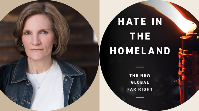 Headshot of Cynthia Idriss Miller on the left, and the cover of her book Hate In The Homeland on the right