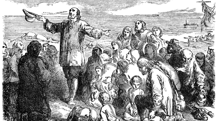 A drawing of a Puritan man lecturing a crowd. 