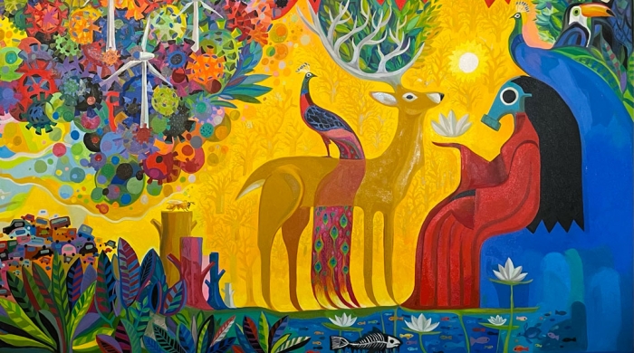 A colorful painting of a deer, peacock, and other animals surrounded by wind turbines and colorful plants. On the right is a figure with long black hair and a gas mask. In the background, smokestacks emit black smoke. 