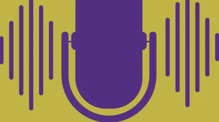 NYU violet microphone with sound waves extending from it