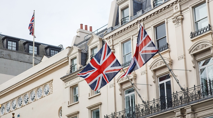 United Kingdom flags on historic building