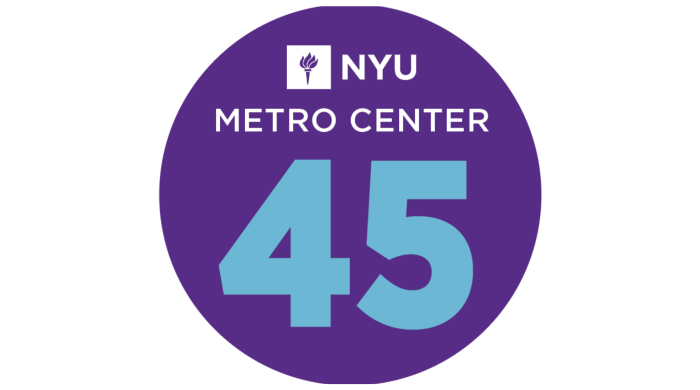 NYU Metro Center 45th Anniversary logo. Purple colored circle featuring light blue text, that reads NYU Metro Center 45".