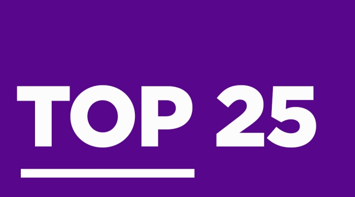 Purple background with white writing saying "TOP 25"