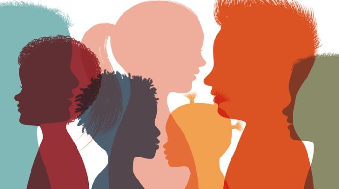A graphic highlighting diversity, with different color profiles of elementary school children from the shoulders up.The graphic features 7 different colored profiles. From left to right, the color appear as follows acua blue, navry, apricot, yello, orange red, and olive.