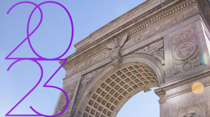 2023 text over a photograph of the Washington Square Arch