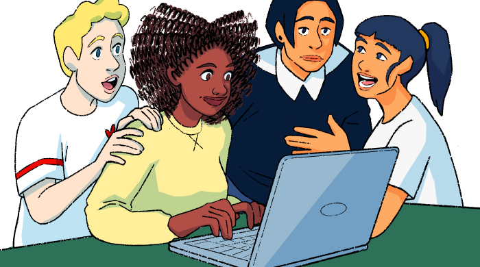 Illustration of four students crowded around a laptop, from the cover of the graphic novel, Power On!