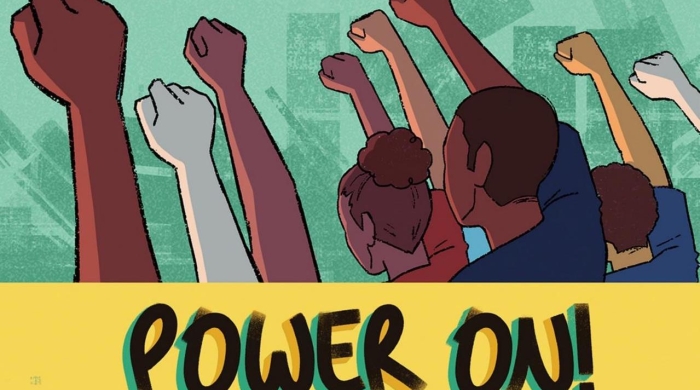 Cover art for Power On! graphic novel featuring several teenagers with their fists held in the air. 