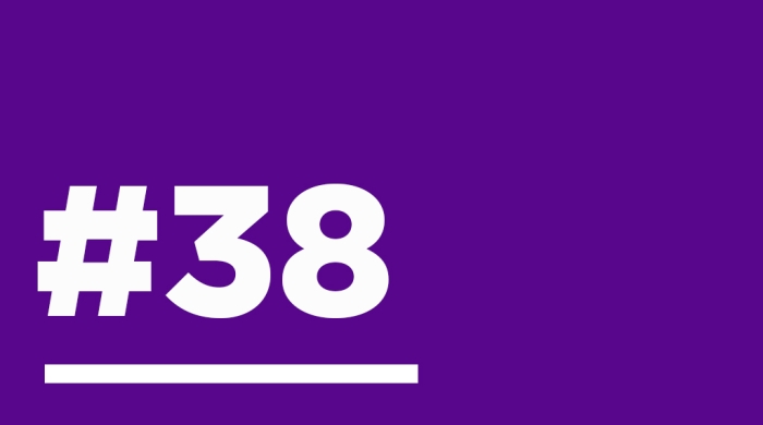 A purple graphic with "#38" written in white