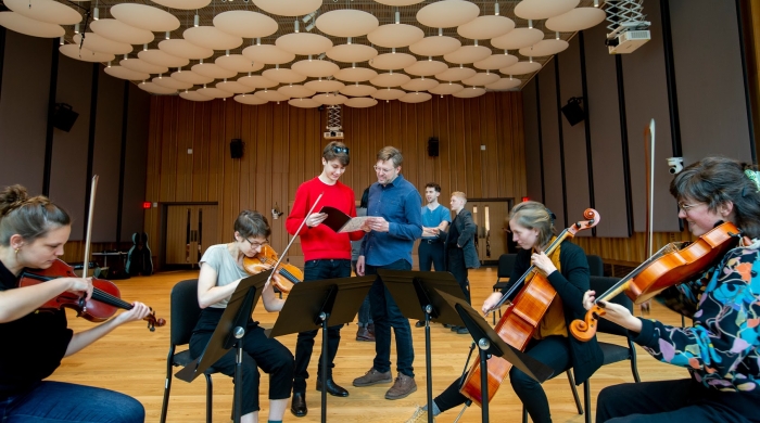 NYU concert composition students working with faculty in Paulson Center