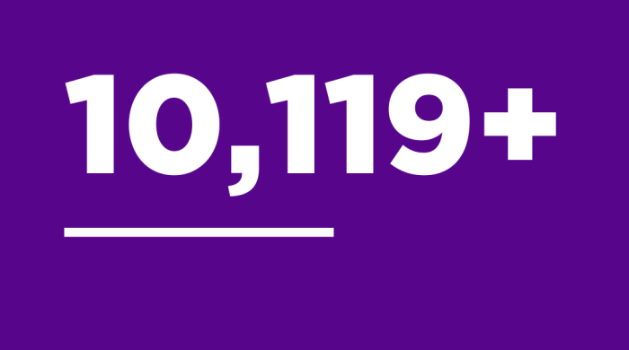 NYU Violet colored square with the number "10,119+" in a white colored font in the middle.,