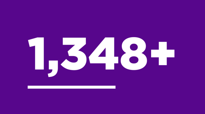 NYU Violet colored square with the number "1,348+" in a white colored font in the middle.,