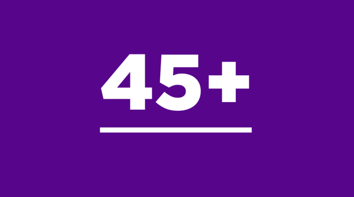 NYU Violet colored square with the number "45+" in a white colored font in the middle.