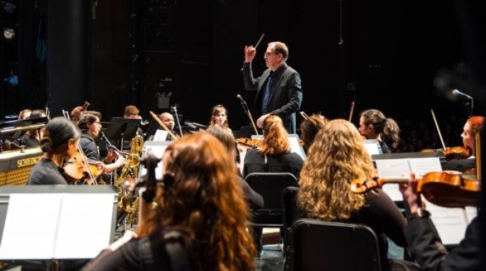 Ted Sperling conducting NYU Broadway orchestra