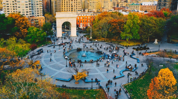 Aerial view of Washington Sq Park in autumn