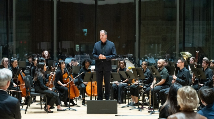 Conductor Ted Sperling with NYU Steinhardt orchestra