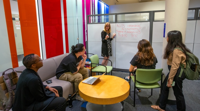 Professor Jennifer Hill by white board, explaining an equation to 4 students