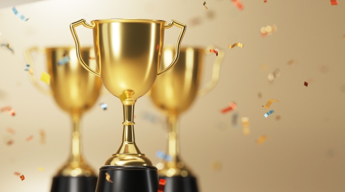 Image captures 3 golds awards trophies placed on a wooden base. The golden awards stand against the photo's champagne coloreed background. This festive background is set off by a festive explosion of confetti.
