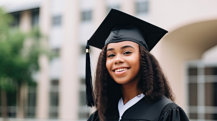 Image captures high school student graduating from high school. The student is wearing her dark blue colored cap and gown. The graduate has shoulder length brown hair that extends out the of her graduation cap. She wears a white collared top, as she smiles and addresses the camera.